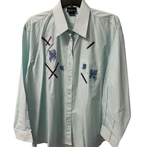 Vintage 90s Mint Green Embroidered Butterflies Stripe Button-Up Shirt Sz 1X NWOT